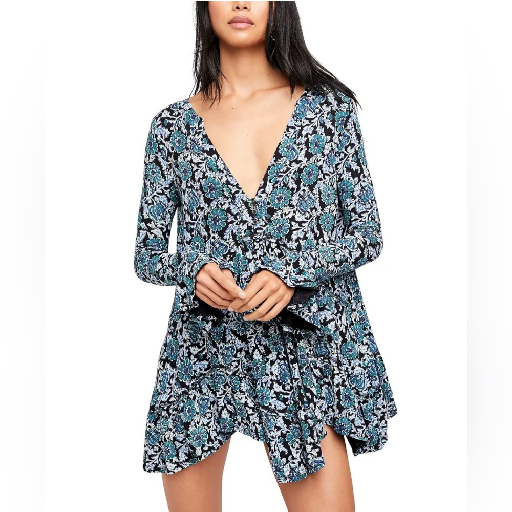 Free People Olivia Printed Ruffle Tunic Dress in Deep Sea Combo Size Small